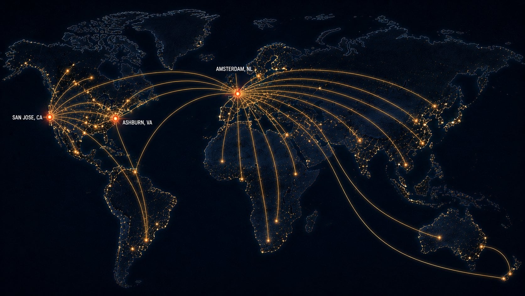 Night map of the world with connection arcs radiating from NewsDemon's three server locations: San Jose CA, Ashburn VA, and Amsterdam NL