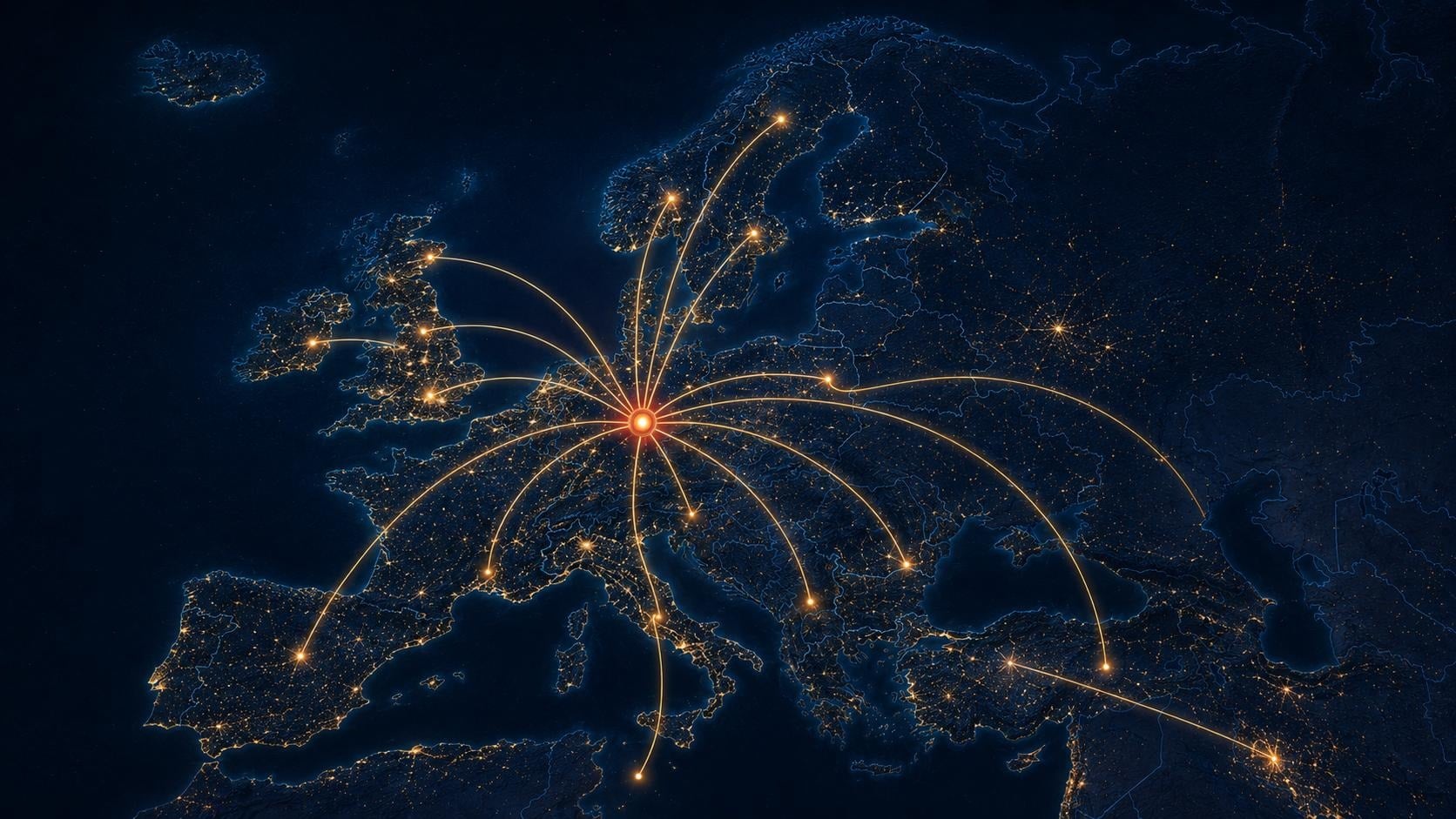 Nachtkaart van Europa met verbindingslijnen vanaf de NewsDemon server in Amsterdam naar steden in heel Europa